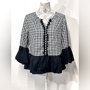 CUPIO Black and white checkered ruffle accent top size S.